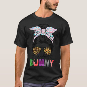 Funny Plaid Messy Bun Grandma Bunny Easter Leopard T-Shirt