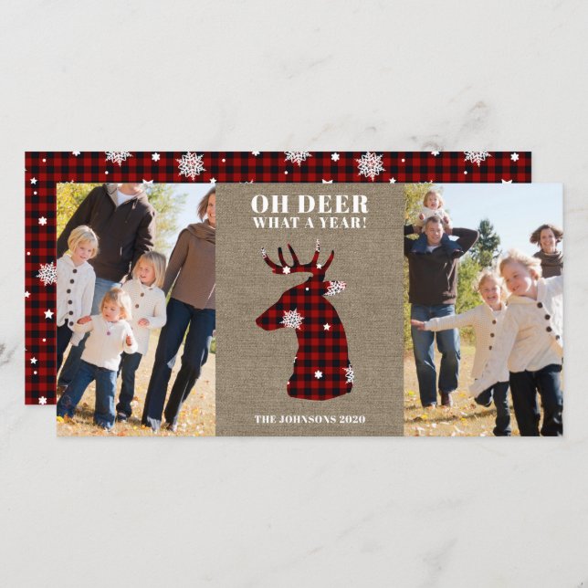 Funny Plaid Snowflake Oh Deer Photo Holiday Card (Front/Back)