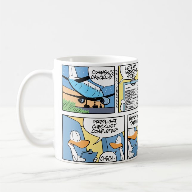 Funny Plane Take-off Checklist Cartoon Mug (Left)