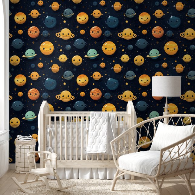 Funny Planets Space Pattern Wallpaper (Kids)