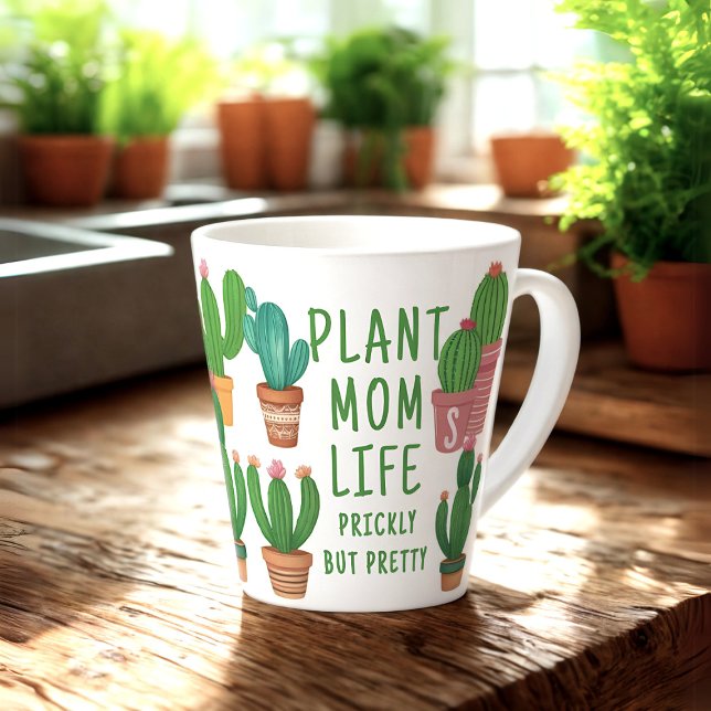Funny Plant Mum Life Prickly Cactus Latte Mug (All about that Plant Mom Life? Add your initial to this cute cactus latte mug! Makes a great gift!)