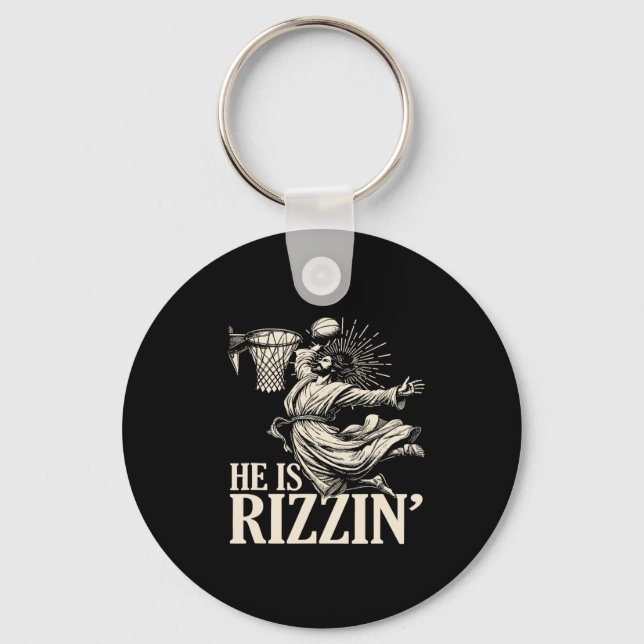 Funny Playing Bysketbyll Easter He Is Rizzin  Key Ring (Front)