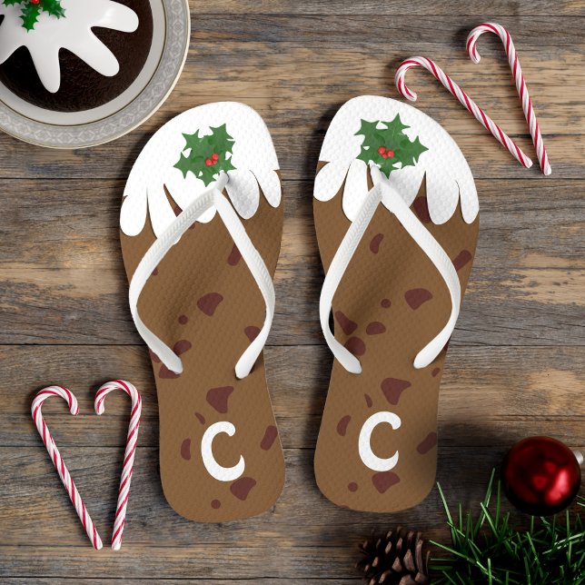 Funny Plum Pudding Monogram Christmas in July Thongs (🎄Bring us some figgy pudding flip flops.Just add your initial. Perfect for wearing at Christmas 🎄 )