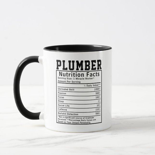 Funny Plumber Nutrition Facts Staff Worker Gift Mug (Left)