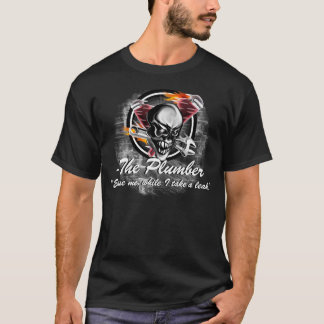 Funny Plumber Skull with Flaming Tools T-Shirt