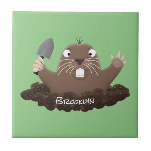 Funny pocket gopher digging cartoon illustration  ceramic tile