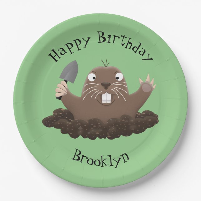 Funny pocket gopher digging cartoon illustration paper plate (Front)