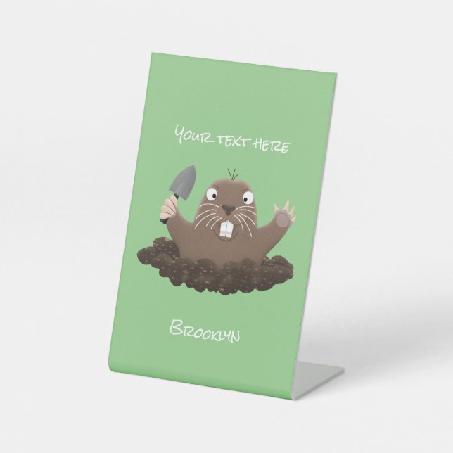 Funny pocket gopher digging cartoon illustration pedestal sign (Front)