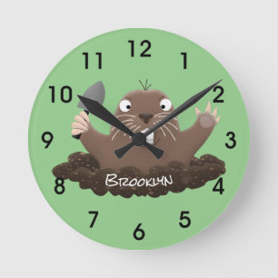 Funny pocket gopher digging cartoon illustration round clock