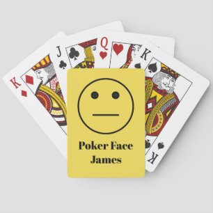 Funny Poker Face Emoji on Yellow Add Your Name Playing Cards
