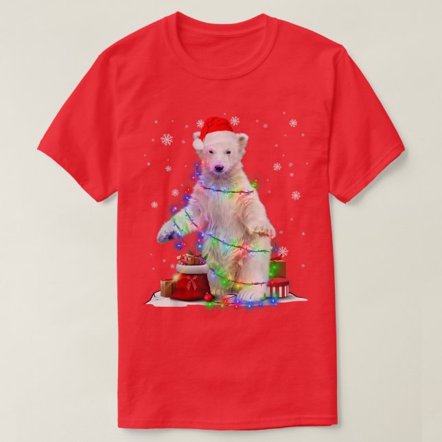 Funny Polar bear Tree Christmas Lights Xmas Pajama T-Shirt (Design Front)