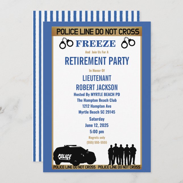 Funny Police Blue and White Retirement Invitation (Front/Back)