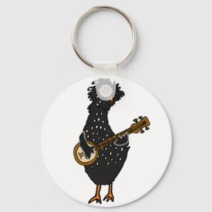 Funny Polish Chicken Playing Banjo Art Key Ring