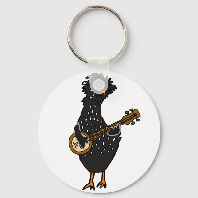 Funny Polish Chicken Playing Banjo Art Key Ring (Front)