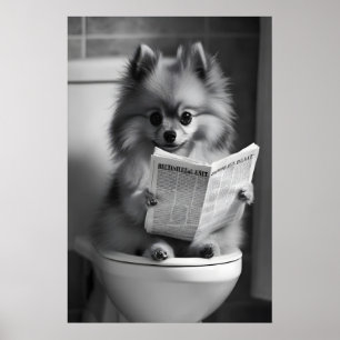 Funny Pomeranian Bathroom Print, Newspaper Reading Poster