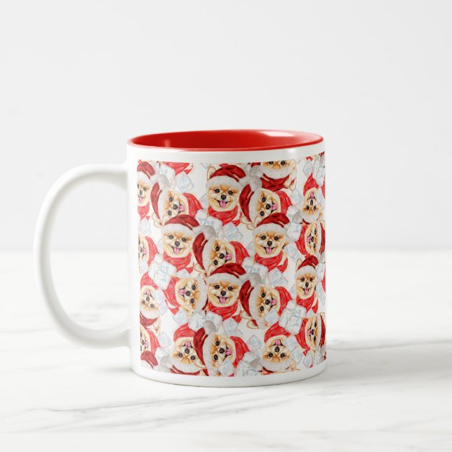 Funny Pomeranian Christmas Pattern Two-Tone Coffee Mug (Left)