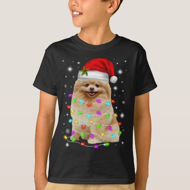 Funny Pomeranian Dog Santa Hat Christmas Lights Lo T-Shirt (Front)