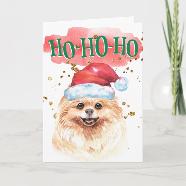Funny Pomeranian dog Santa hat yappy howlidays Holiday Card (Front)