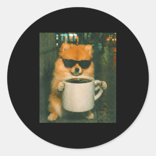 Funny pomeranian drinking coffee meme retro urban classic round sticker
