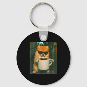 Funny pomeranian drinking coffee meme retro urban key ring