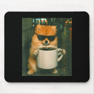 Funny pomeranian drinking coffee meme retro urban mouse pad