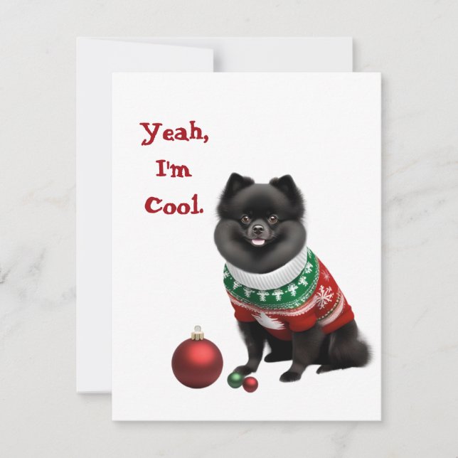 Funny Pomeranian in Christmas Sweater Holiday Card (Front)
