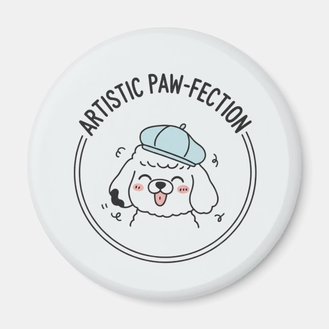 Funny Poodle Cartoon Illustration with Blue Beret Magnet (Front)