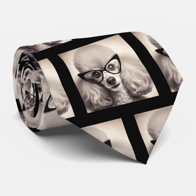 Funny Poodle with Glasses Nerd Neck Tie (Rolled)