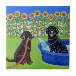 Funny Pool Party Labradors Tile