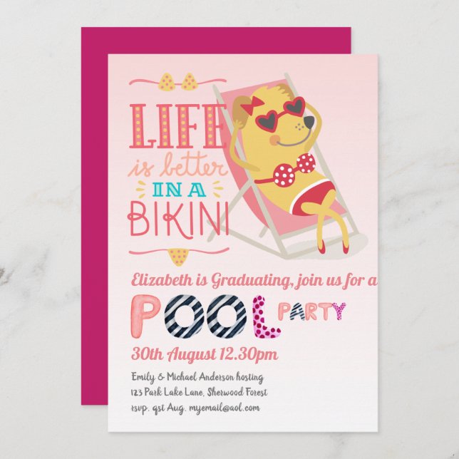 Funny POOL PARTY Pink Graduation Girls Invitation (Front/Back)