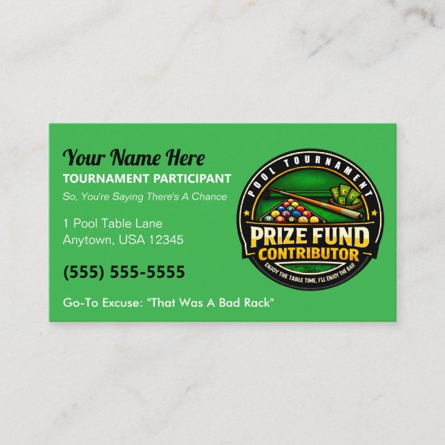 Funny Pool Tournament Prize Fund Contributor Gag Calling Card (Front)