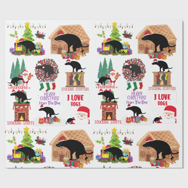 Funny Pooping Christmas Dog Santa & Holiday Humor Wrapping Paper (Flat)