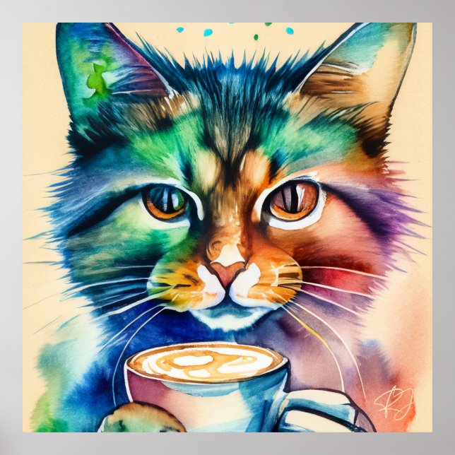 Funny Pop Art of a Colourful Cat Drinking Coffee  Poster (Front)