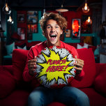 Funny Pop Art “Punch Here”  Round Cushion<br><div class="desc">Unleash your inner superhero power on your frustrations with our hilarious and vibrant "Punch Here" Pillow! Crafted with pop art, comic book flair, this quirky cushion is a colourful concoction of humour, pop culture, and pop art, destined to be the talk of any room. The pillow boasts a bold, comic...</div>