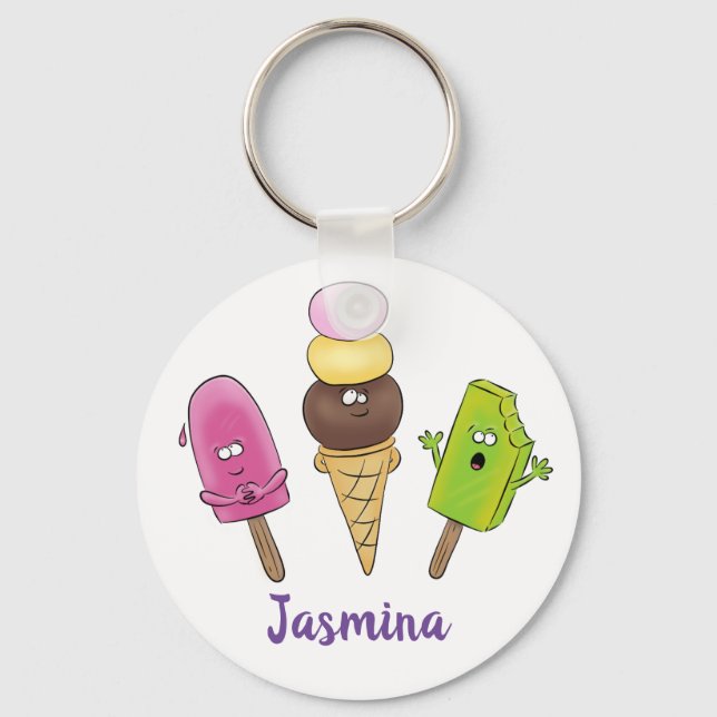 Funny popsicles and icecream cartoon illustration key ring (Front)