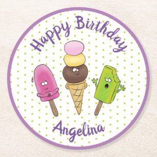 Funny popsicles and icecream cartoon illustration round paper coaster