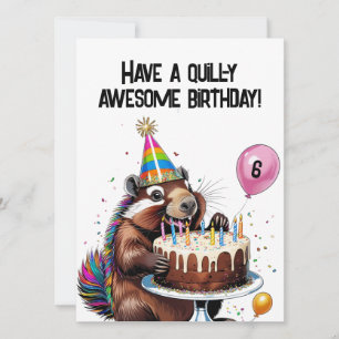 Funny Porcupine Birthday Card  Balloons, Cake