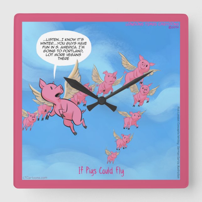 Funny Portland Vegan Flying Pig Wall Clock (Front)