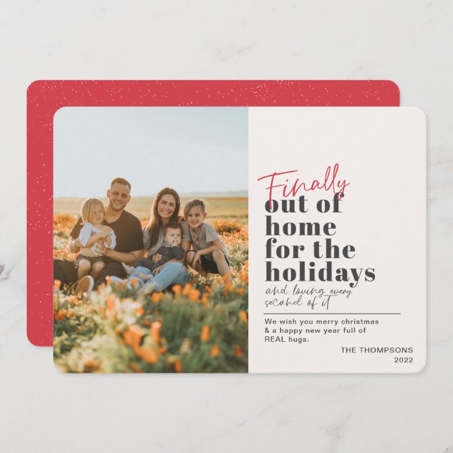 Funny Post Covid Finally Out Of Home Red Photo Holiday Card (Front/Back)