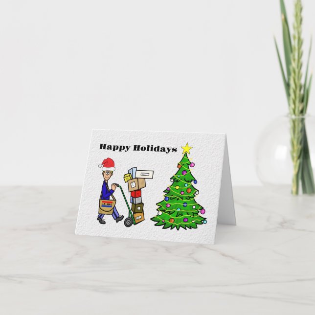 Funny Postal Worker with Boxes Christmas Card (Front)