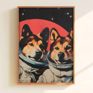 Funny Poster Dog in Space Print Retro 60s Astronau