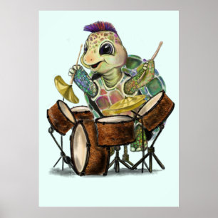 Funny Poster with Turtle Drummer - Painting