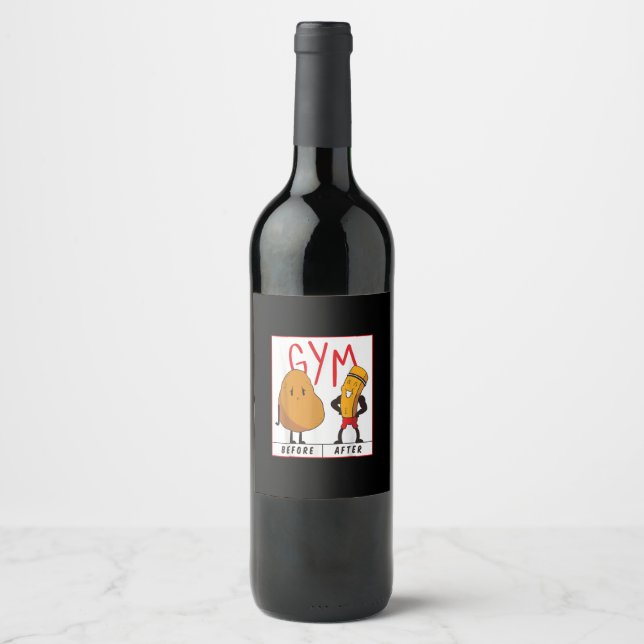 Funny Potato Gym Before After Workout Gift Fitness Wine Label (Front)