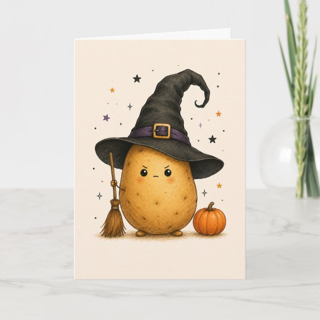 Funny Potato Witch Happy Halloween Card (Front)