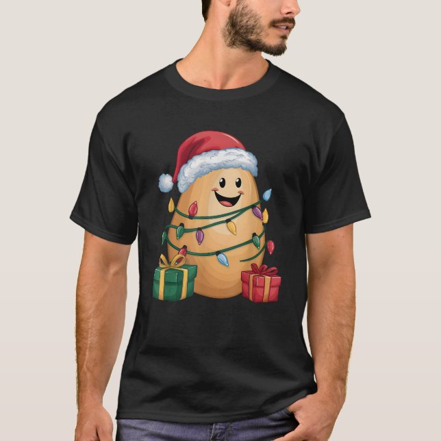 Funny Potato Xmas Lighting Santa Hat Potato Christ T-Shirt (Front)