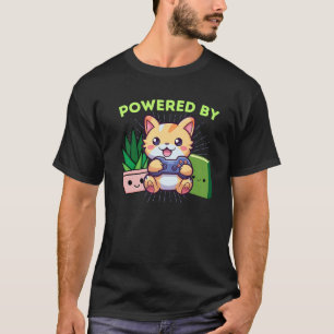 Funny Powered By Gamer Cat Plants Books Video Game T-Shirt