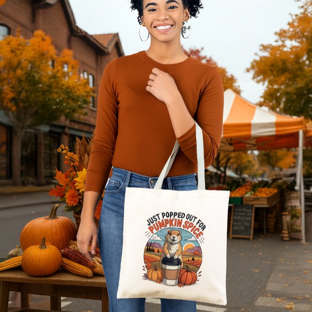 Funny Prairie Dog Fall Pumpkin Spice Humour Tote Bag (woman holding fall pumpkin spice humor tote bag featuring prairie dog,  autumn harvest market scene)