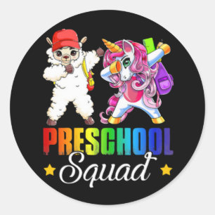 Funny Preschool Squad Dabbing Llama Unicorn		 Classic Round Sticker
