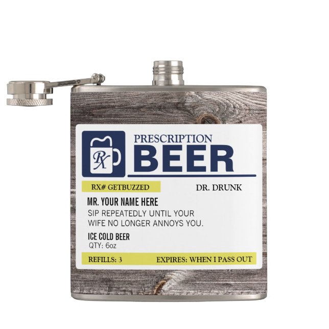 Funny Prescription Beer Hip Flask (Opened)
