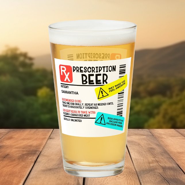 Funny Prescription Beer Warning Label Personalised Glass (Creator Uploaded)